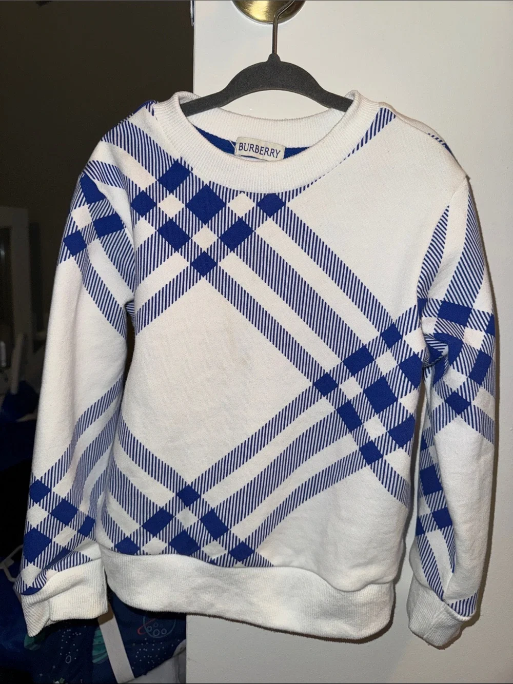 Burberry White and Blue Plaid Crewneck Sweater